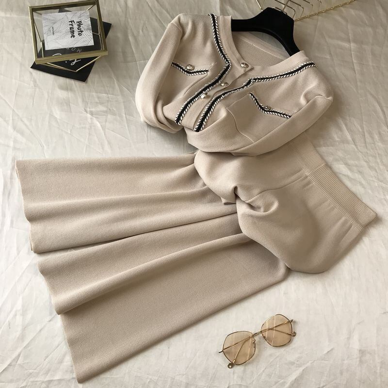 【set】ファッション!気質満点レトロニットカーディガン+ガウチョパンツオシャレ２点セット G3083