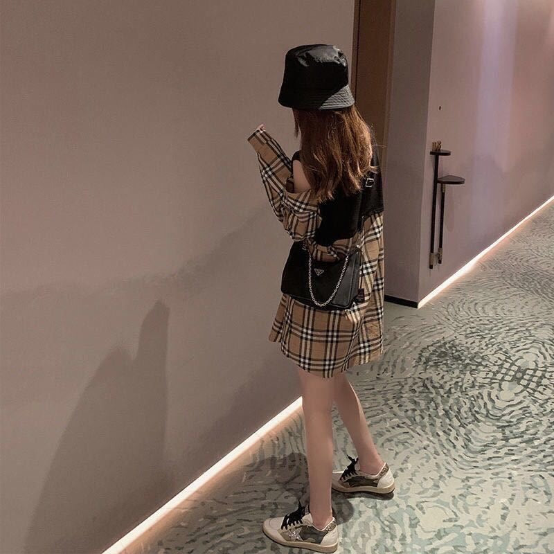 【dress】肩開き切り替えチェック柄ワンピースF8137