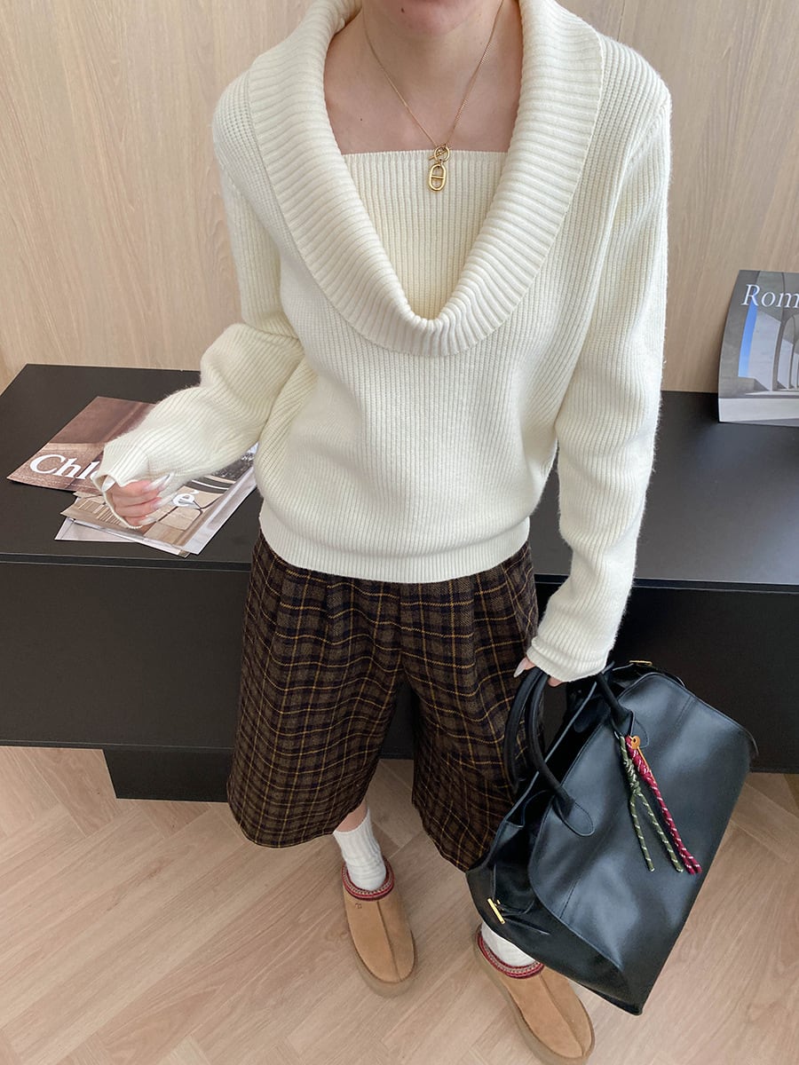 【tops】5色展開ドレープドネックニットトップス Q7379