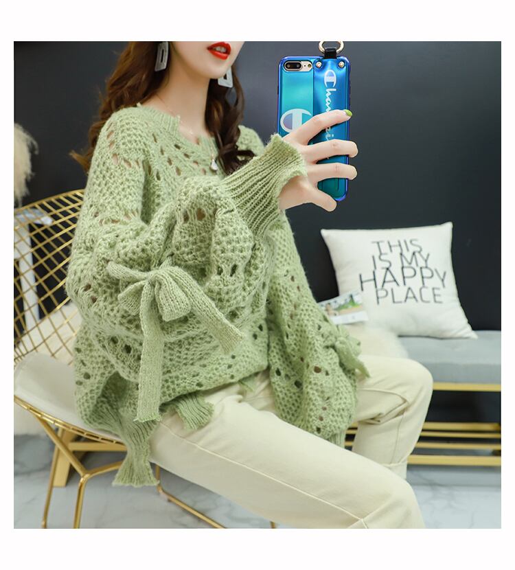 【tops】韓国ファッション3色ラウンドネック長袖透かし彫り薄手ニットセーターF0634