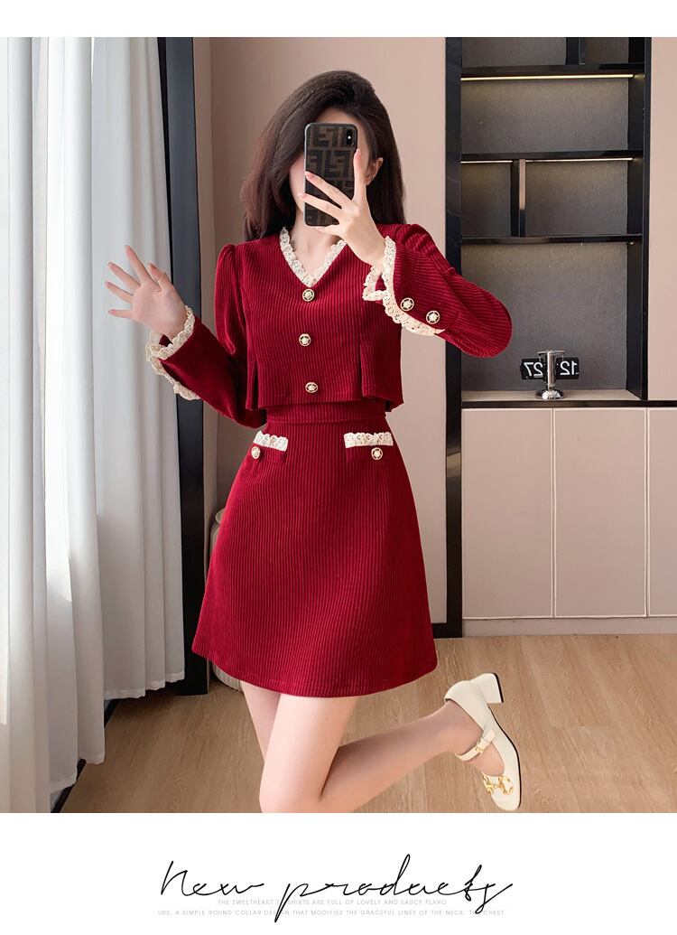 【dress】レース長袖偽二つ切り替えワンピース G18428