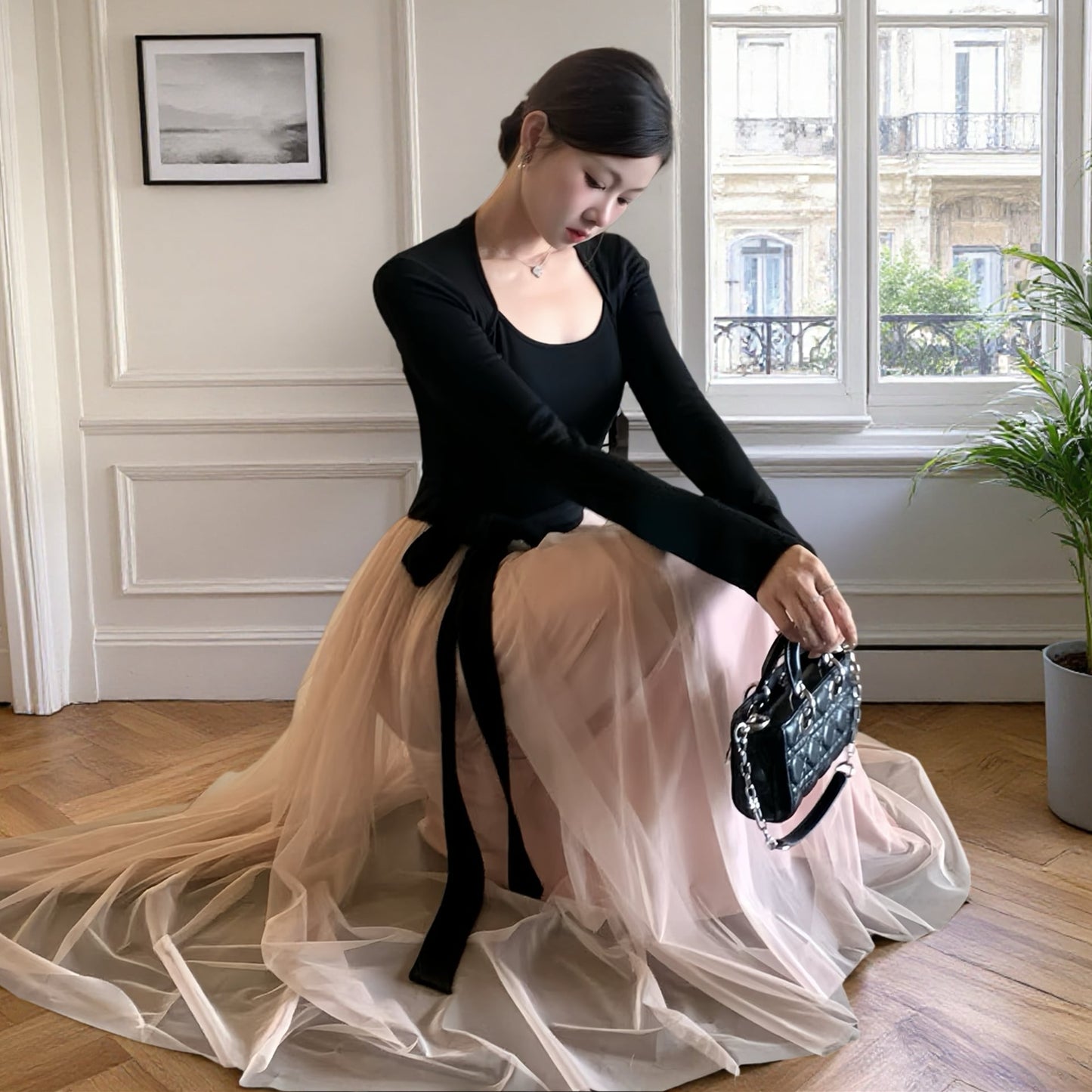 【dress】チュールドッキングロングワンピース　N3439