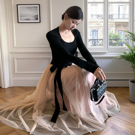 【dress】チュールドッキングロングワンピース　N3439