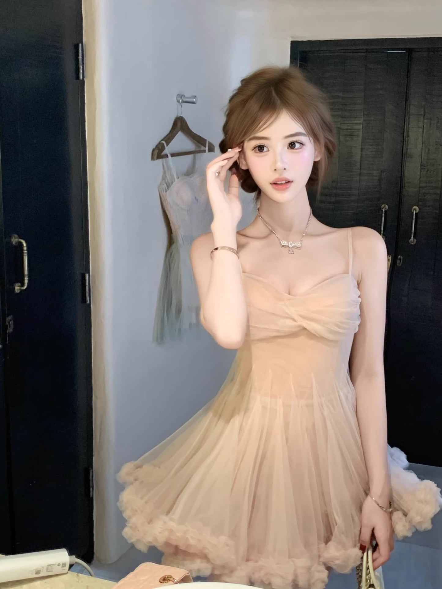 【dress】ギャザーフリルチュールミニワンピース Q8417