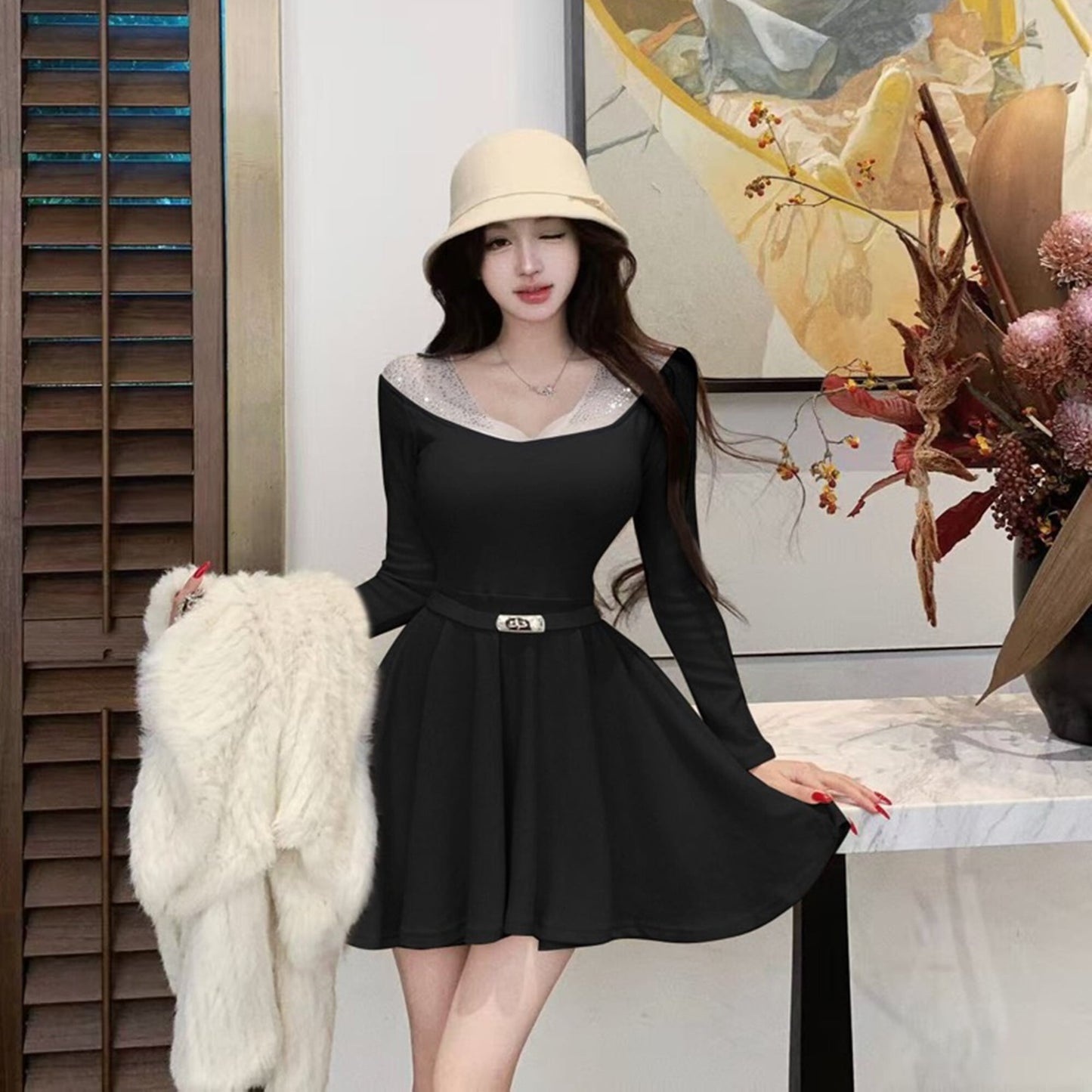【dress】ラインストーンチュールニットミニワンピース　N3508