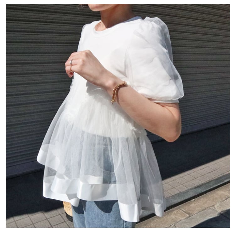 【tops】チュール切り替えTシャツ　M24045