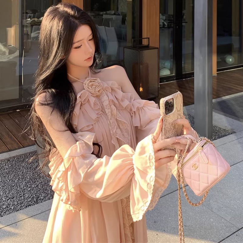 【dress】ホルターネックギャザーフリルミニワンピース Q8317