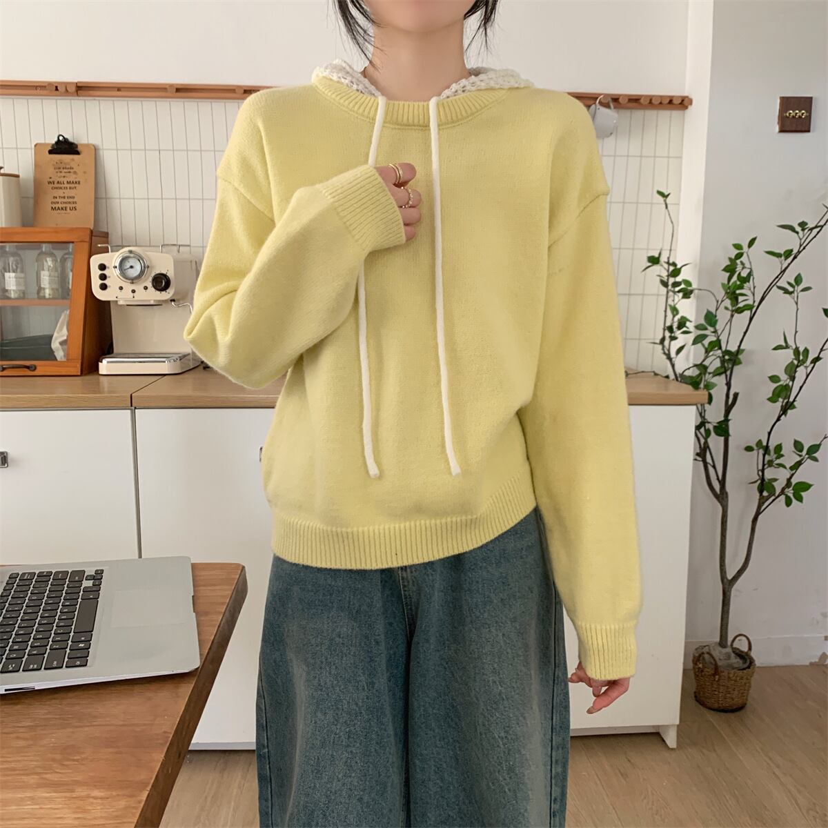 【tops】フード付きニットセーター　M28642