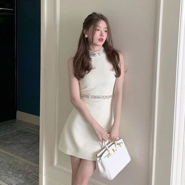 【dress】好感度満載！披露宴二次会ノースリーブウェスト絞り人気デートワンピースF5575