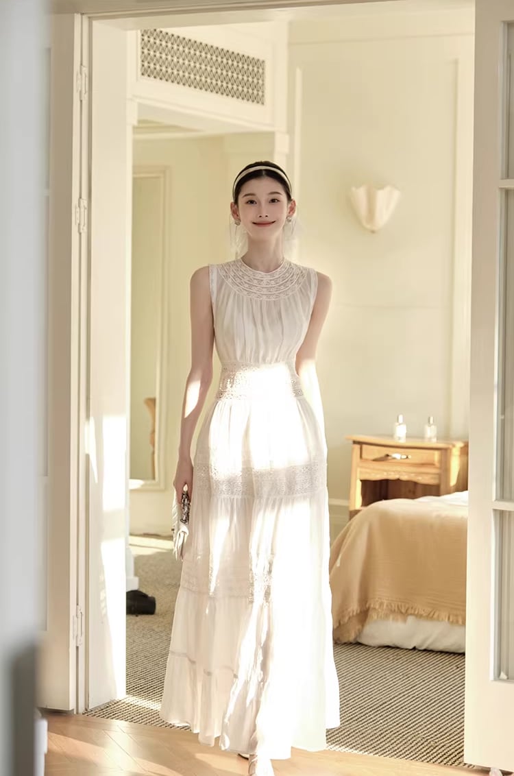 【dress】レースドッキングロングワンピース Q8386