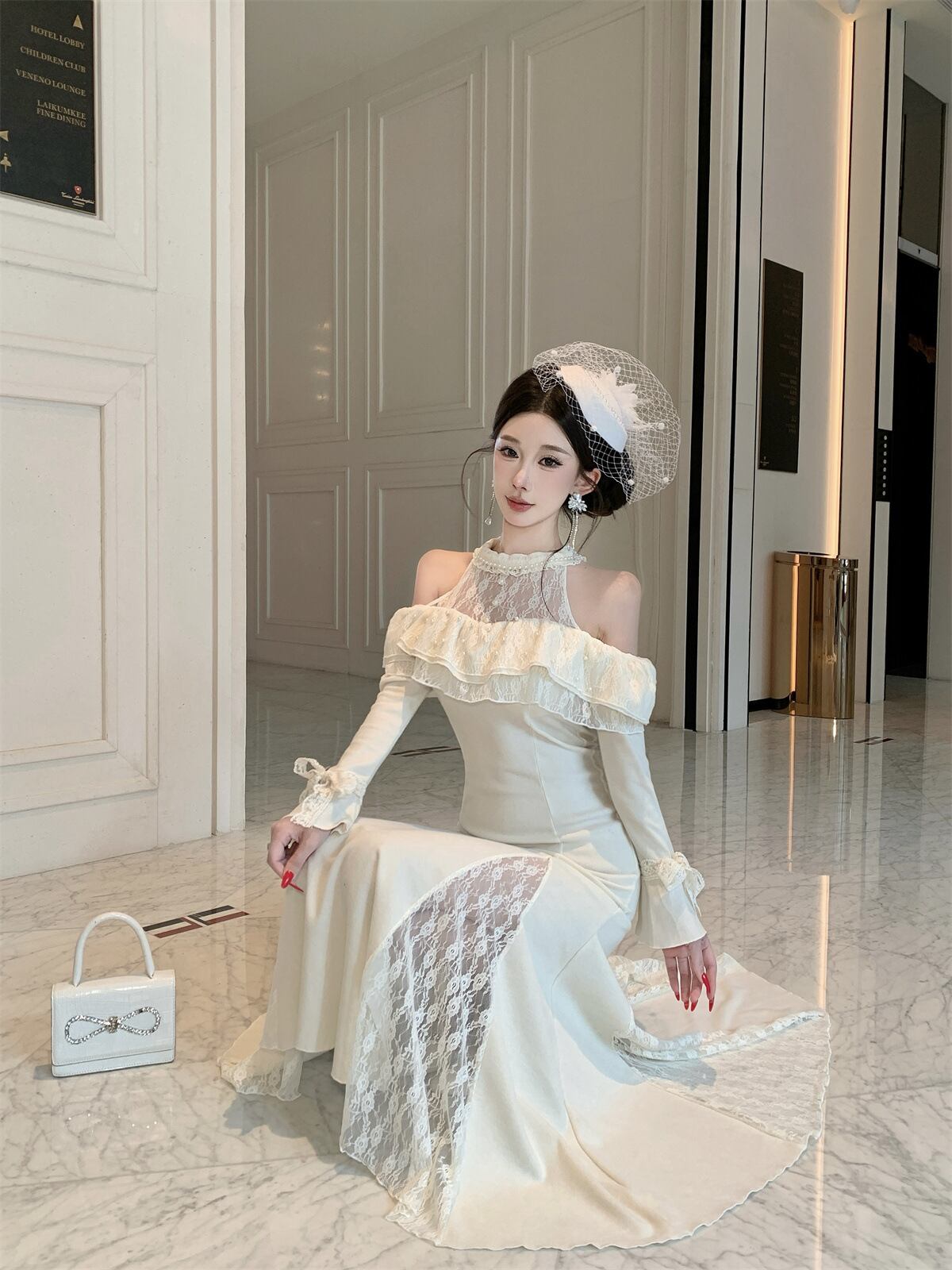 【dress】オフショルレースドッキングワンピース Q7878