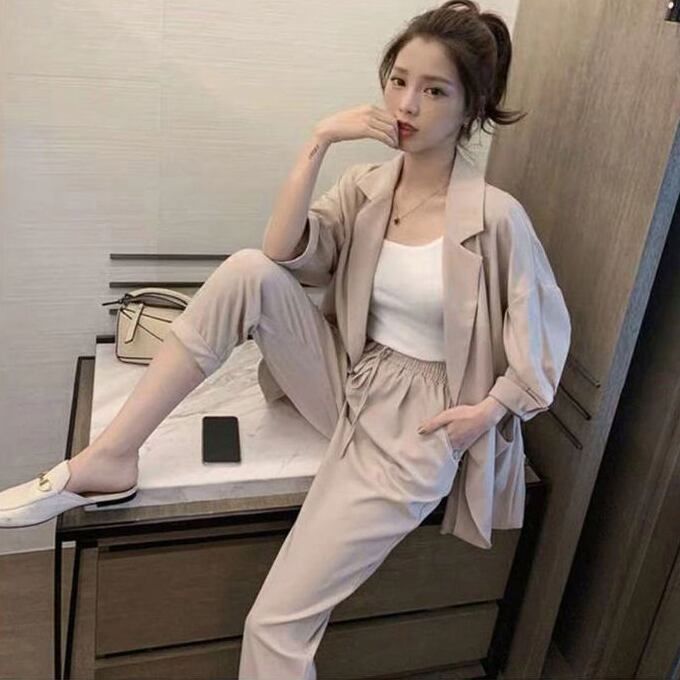 【set】美人度アップ!韓国系スウィート洋気カジュアルハイウエストスーツ２点セット G0115