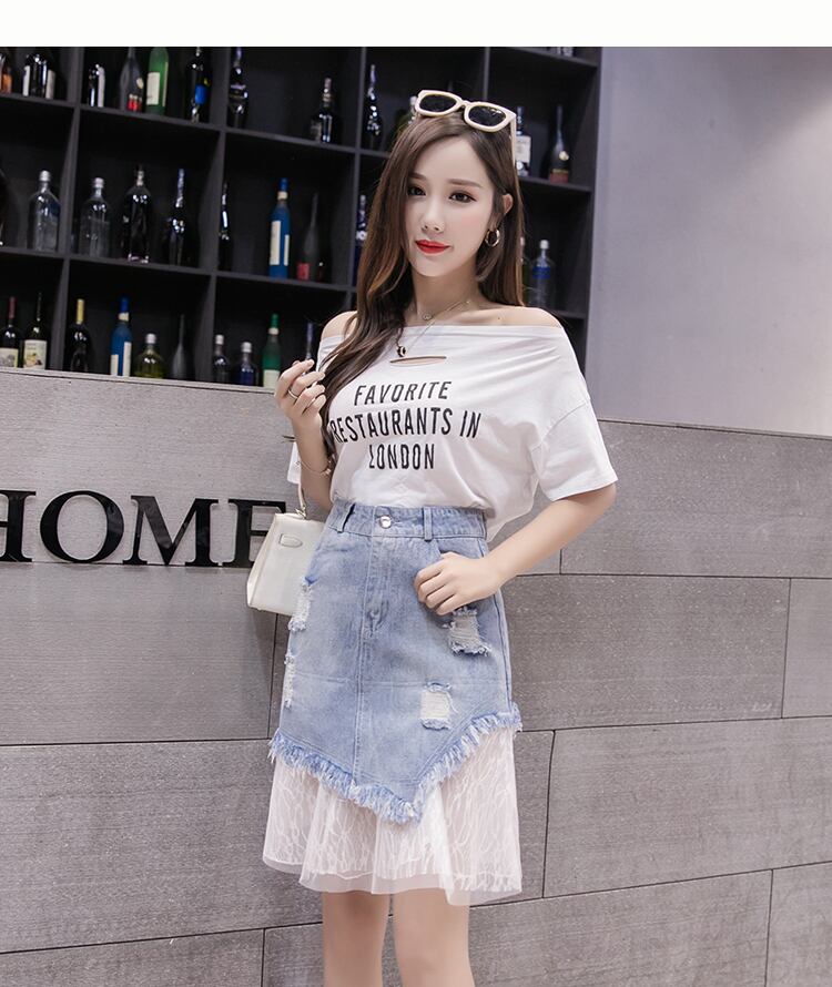 【bottoms】おすすめファッションレースハイウエスト切り替えゆったりデニムスカート