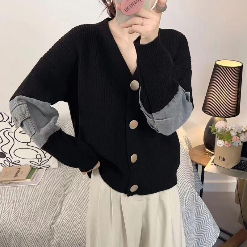 【tops】Vネックデニムドッキングニットトップス Q6369
