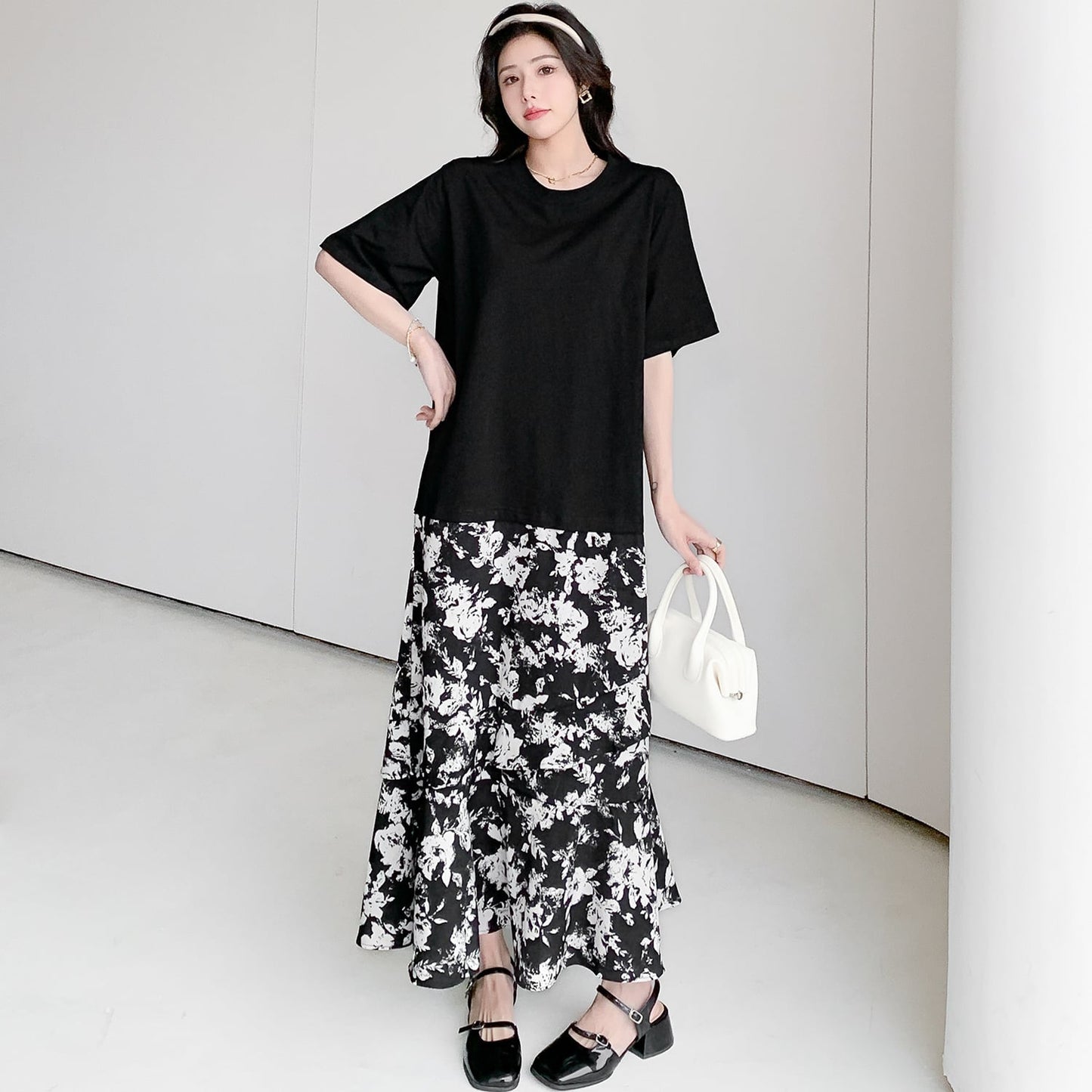 【dress】偽二つ切り替え花柄TシャツワンピースG20456