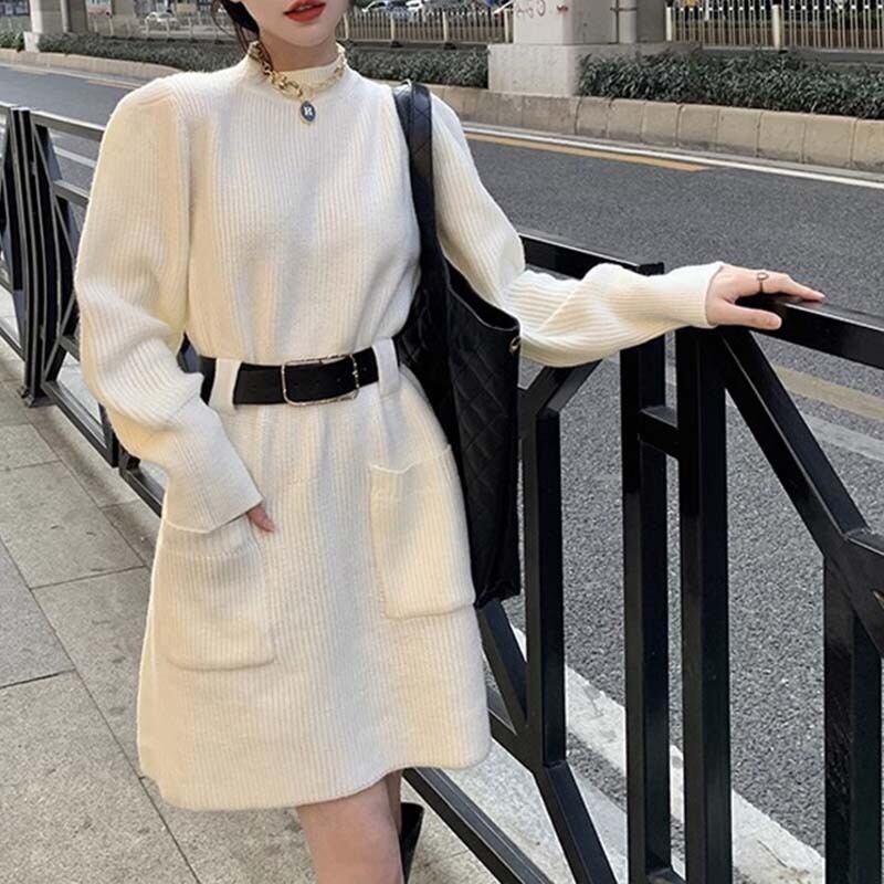 【dress】アウトポケットニットワンピースベルト付き　M17887