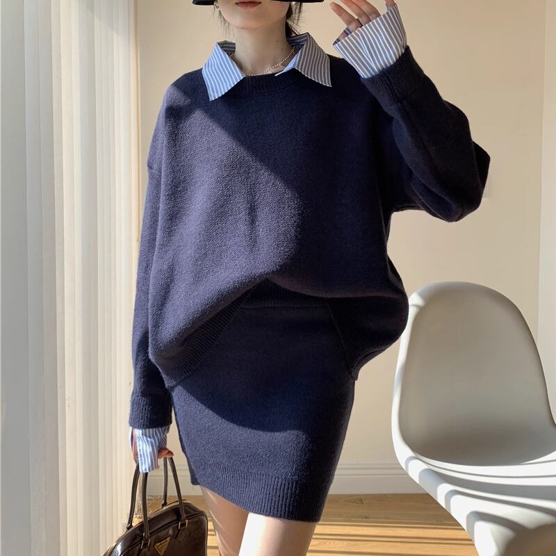 【set】フェイクレイヤードニットトップス×ミニスカートセット Q6963