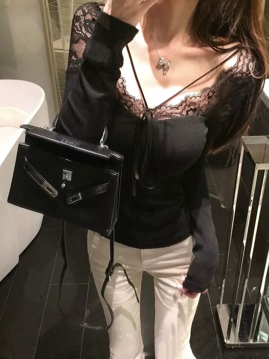 【tops】レース切り替え長袖Tシャツ　M29408