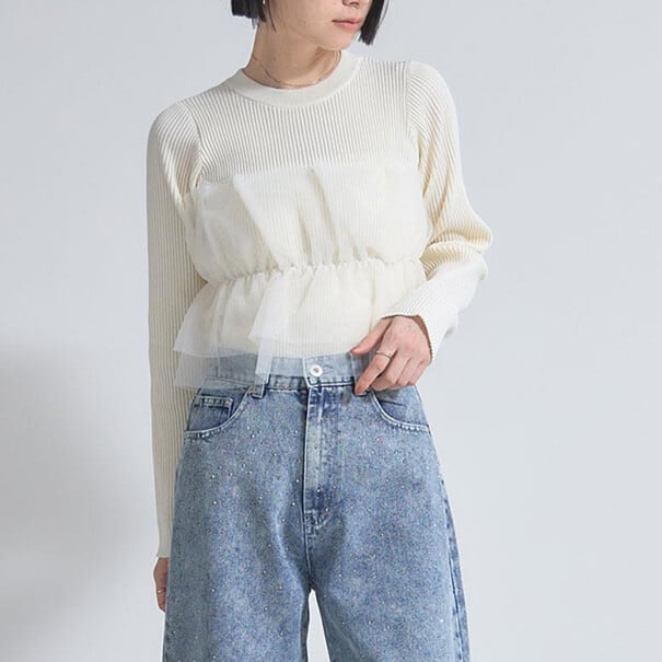 【tops】チュールドッキングニットトップス　M28014
