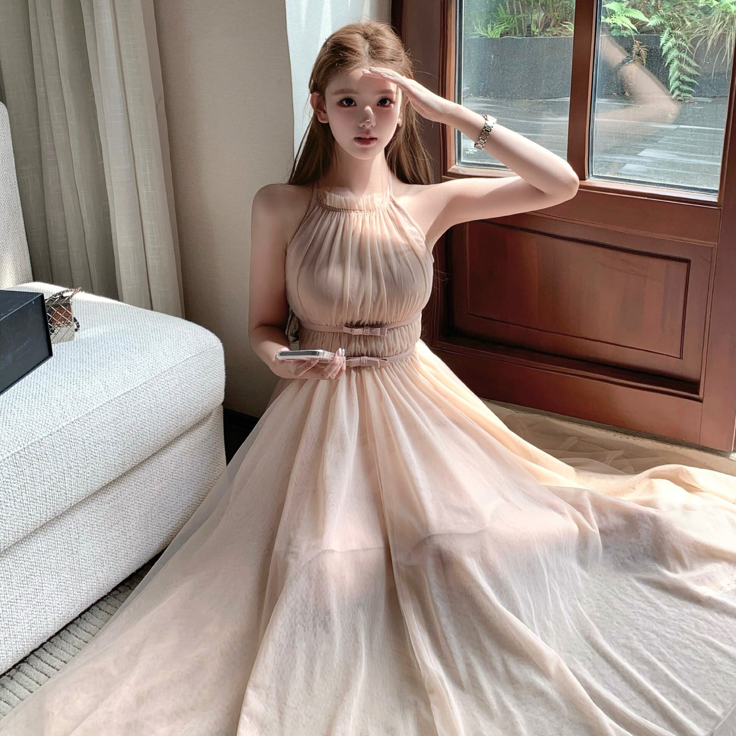 【dress】バックリボンチュールロングワンピース　N3217