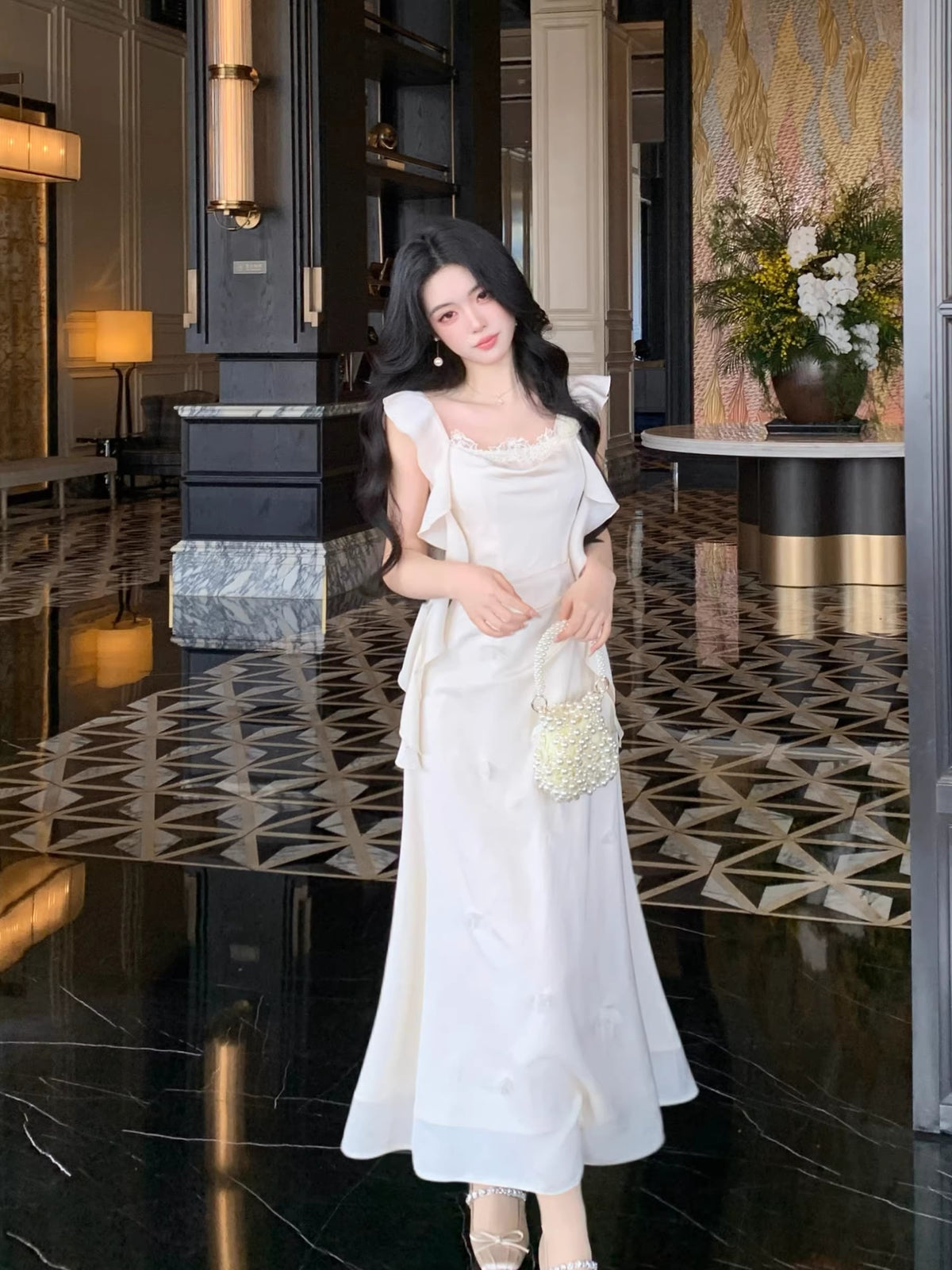 【dress】フリルマーメイドロングワンピース Q8407