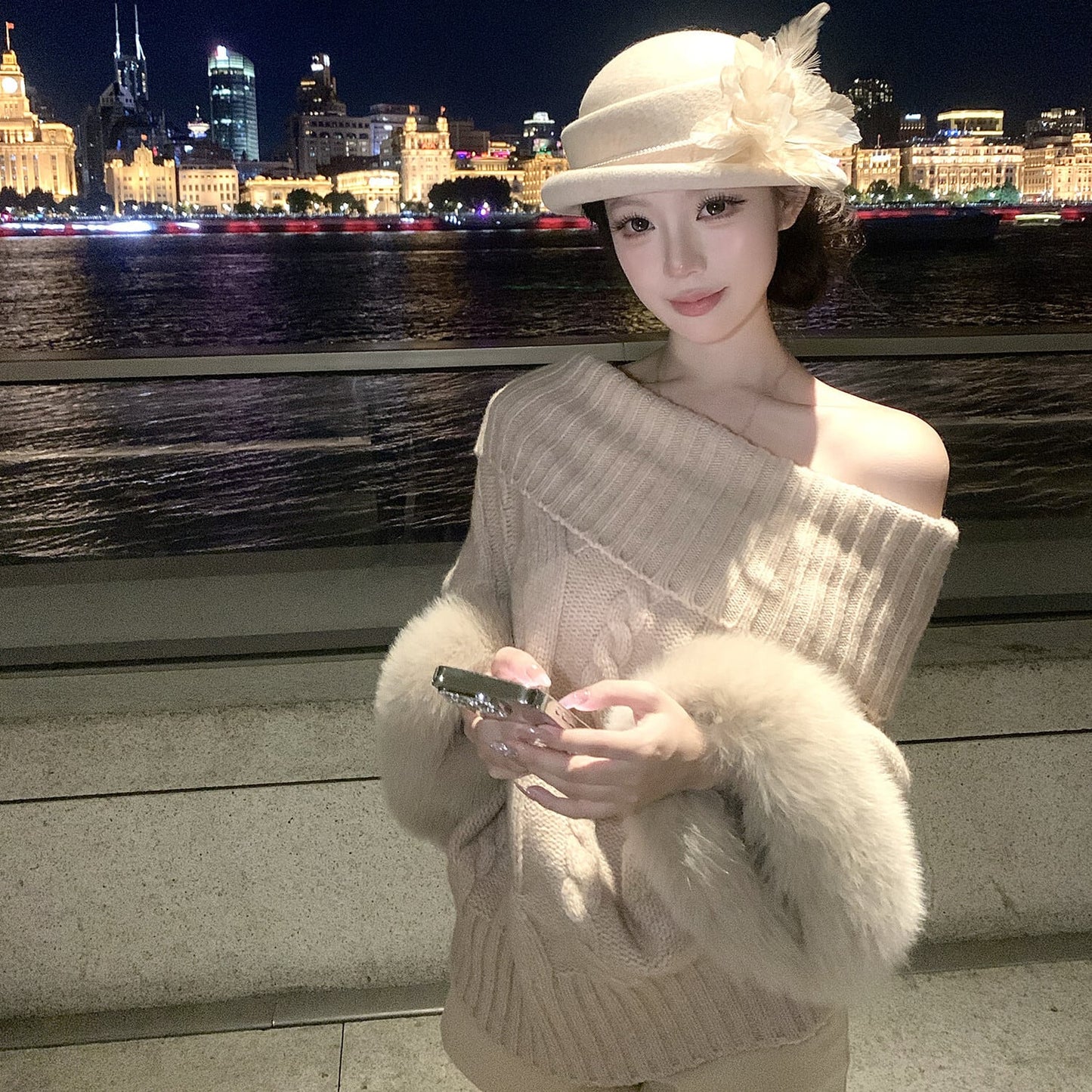 【tops】2WAY袖ファーオフショルニットトップス　N3378