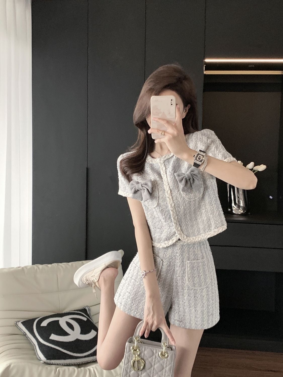 【set】ボウタイトップス+ショートパンツ2点セットF7467