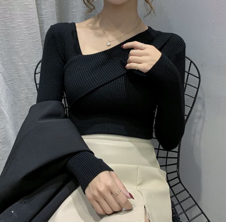 【tops】早い者勝ち! 長袖オブリークネック韓国ファッション着回しゆったりニットセーターW0782