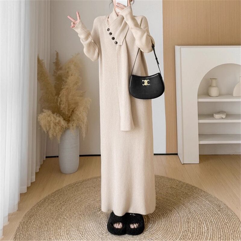 【dress】マフラー付きロングニットワンピース Q7315