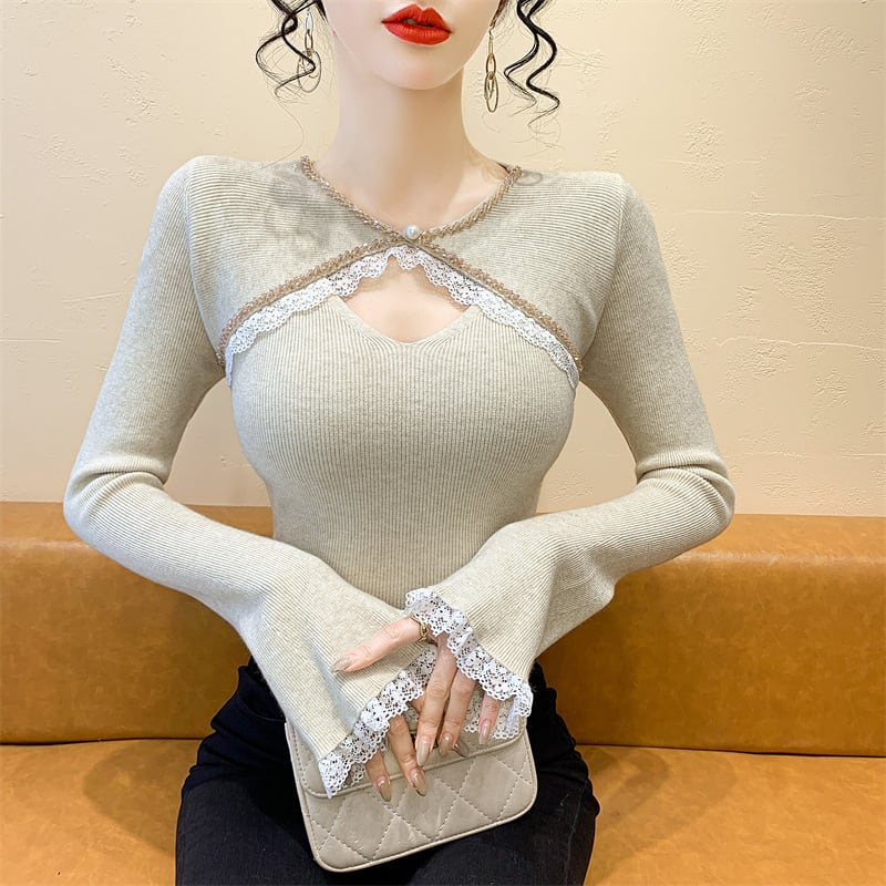 【tops】ビジューレース切り替えニットトップス　M27966