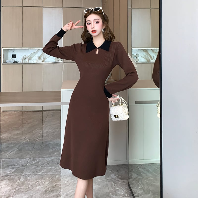 【dress】折り襟ニットワンピース　M19059