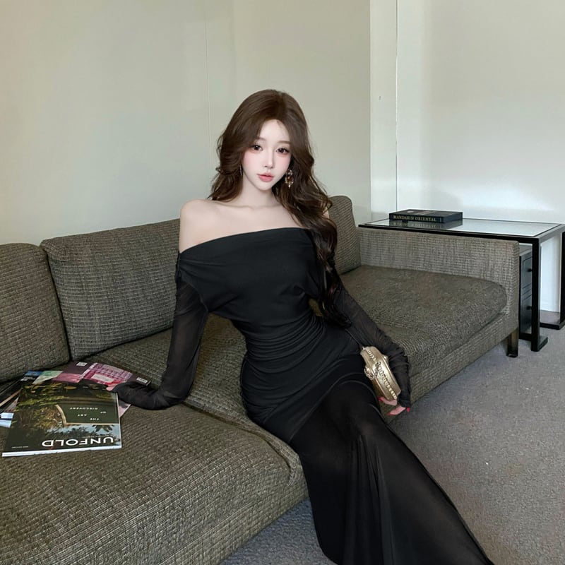 【dress】オフショルダーチュールドッキングワンピース Q7885