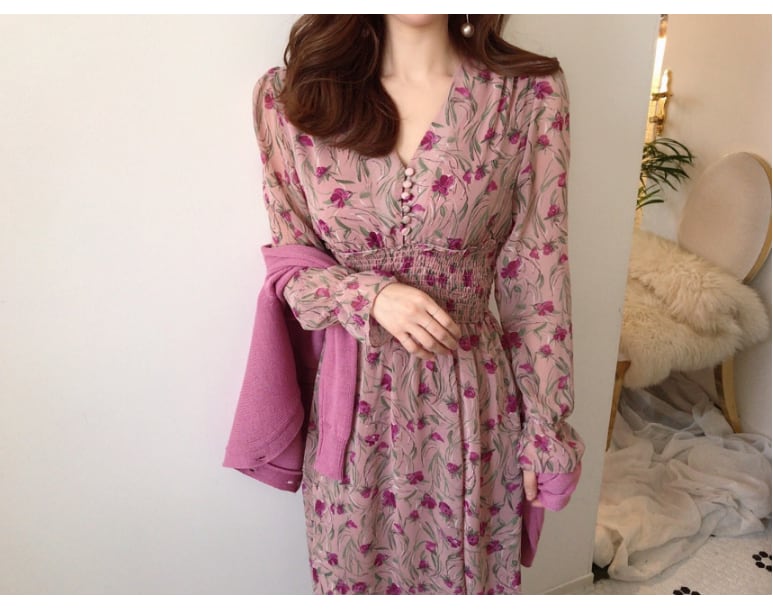 【dress】優しい雰囲気!エレガント気質満点スウィート 韓国系シフォン花柄ワンピース G1785