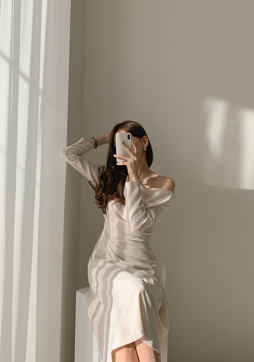 【dress】エレガント気質満点シンプル不規則着痩せハイウエスト長袖ワンピース G2964