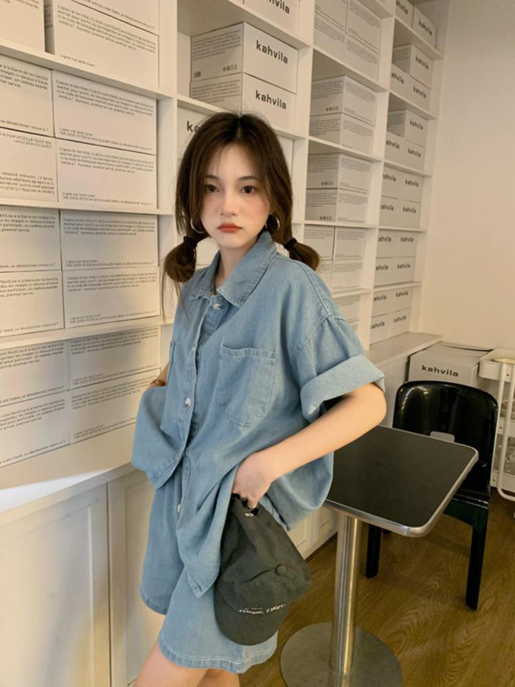 【set】デニムブラウス+ショートパンツ２点セットG21288