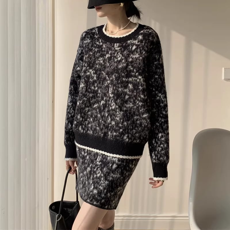 【set】2色展開ニットトップス×ストレートスカートセット Q7718