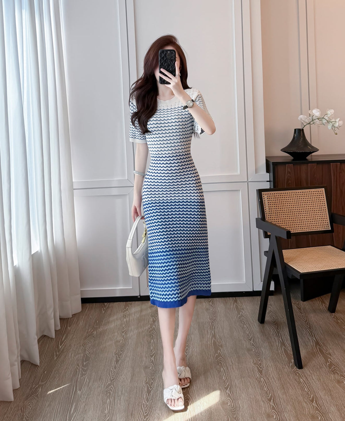 【dress】ウェーブ柄半袖ニットワンピース Q8489