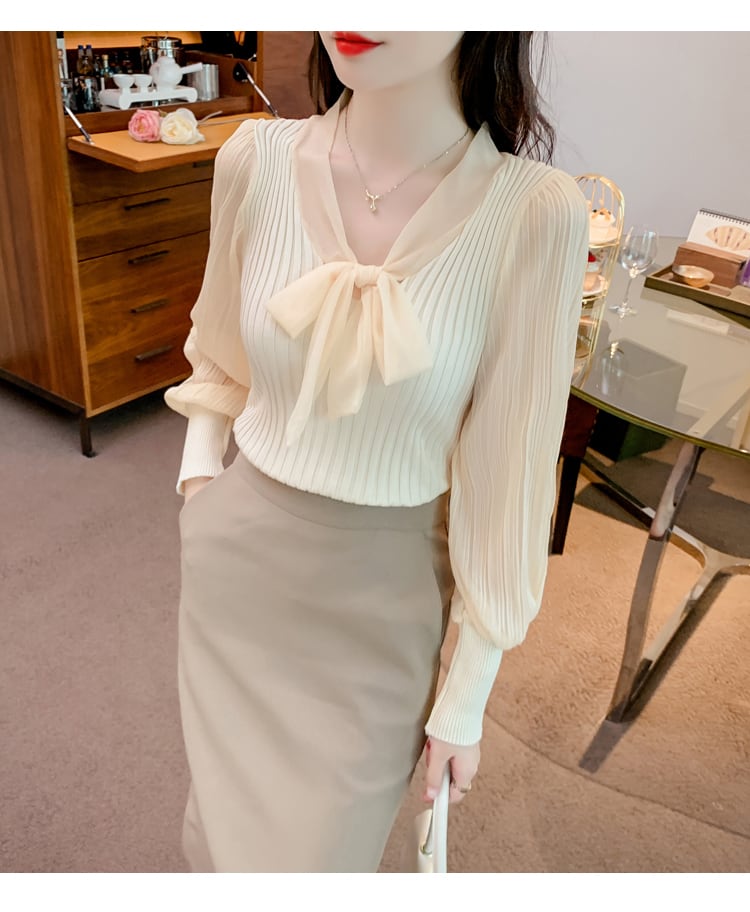 【tops】Vネック切り替えニットブラウスG16806