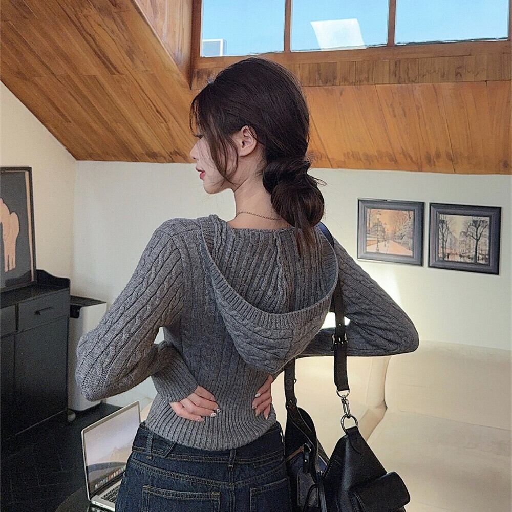 【tops】Vネックフード付きニットセーター　M28798