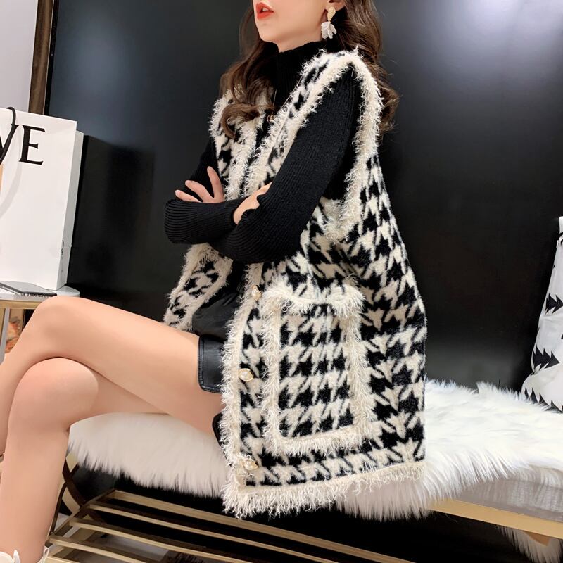 【tops】気質溢れる♪秋冬の新作千鳥格子ノースリーブINS風韓国着回しニットチョッキF0685