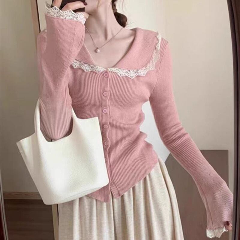 【tops】レース切り替えニットカーデ　M27552