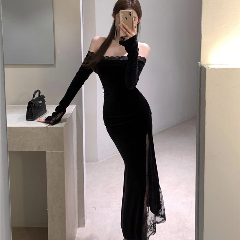 【dress】オフショルレースドッキングワンピース Q7408