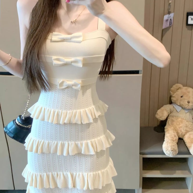 【dress】リボン付きニットティアードキャミワンピース Q8382