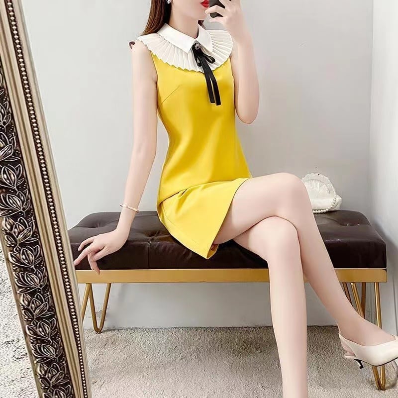 【dress】大人可愛い韓国風INS風POLOネックノースリーブ配色蝶々結びOL通勤タイトンワンピースF2425