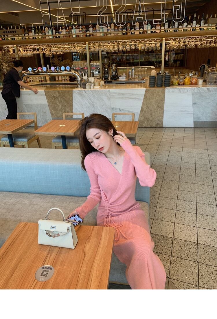 【dress】好感度UP!気質満点デザインフランス風シンプルVネックニットワンピース G2822