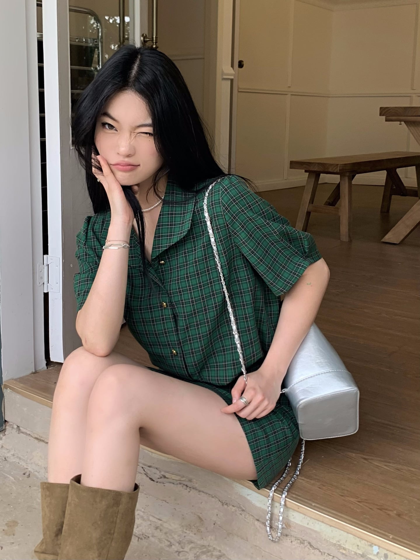 【set】チェック柄ブラウス+スカート２点セットG21572