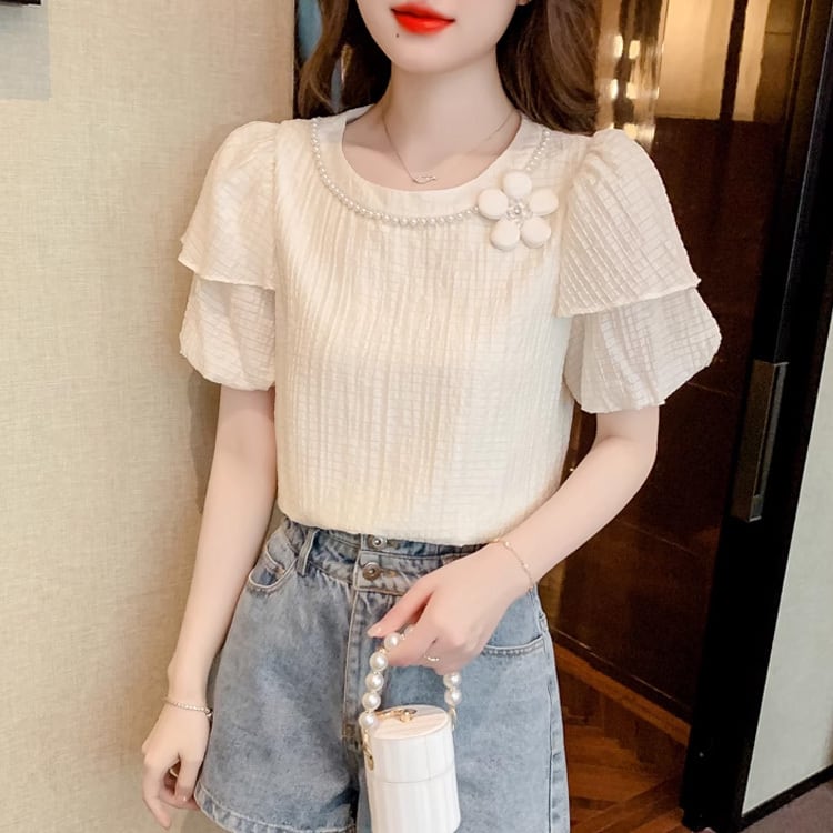 【tops】ラウンドネック半袖パフ袖ブラウスF7509