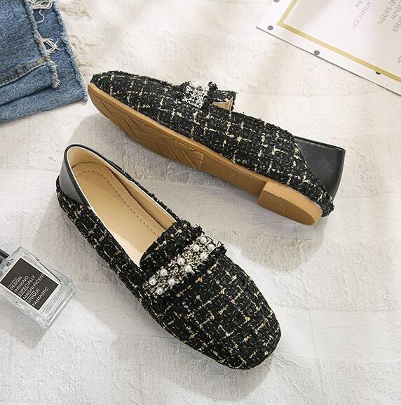 【shoes】今季大好評秋新作2色履きやすい美脚魅せチェック柄ビーズ飾りフラットシューズF0978