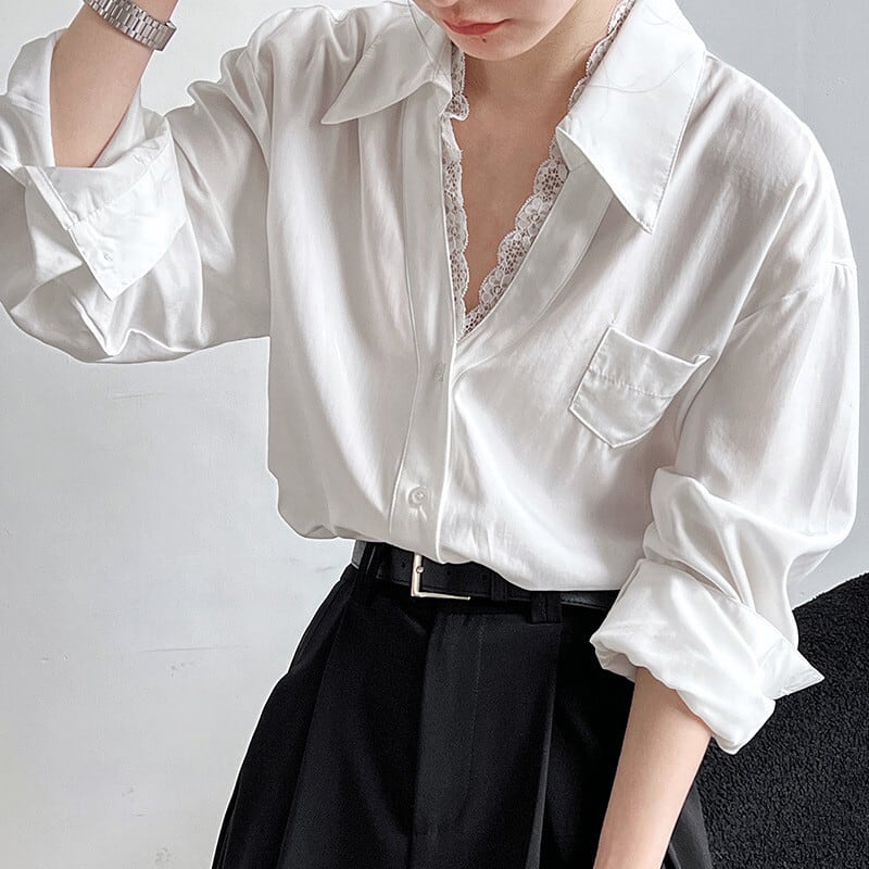 【tops】レース切り替えシャツブラウス　M29946