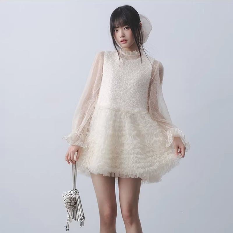 【dress】ギャザーフリルチュールドッキングベストワンピース Q7962